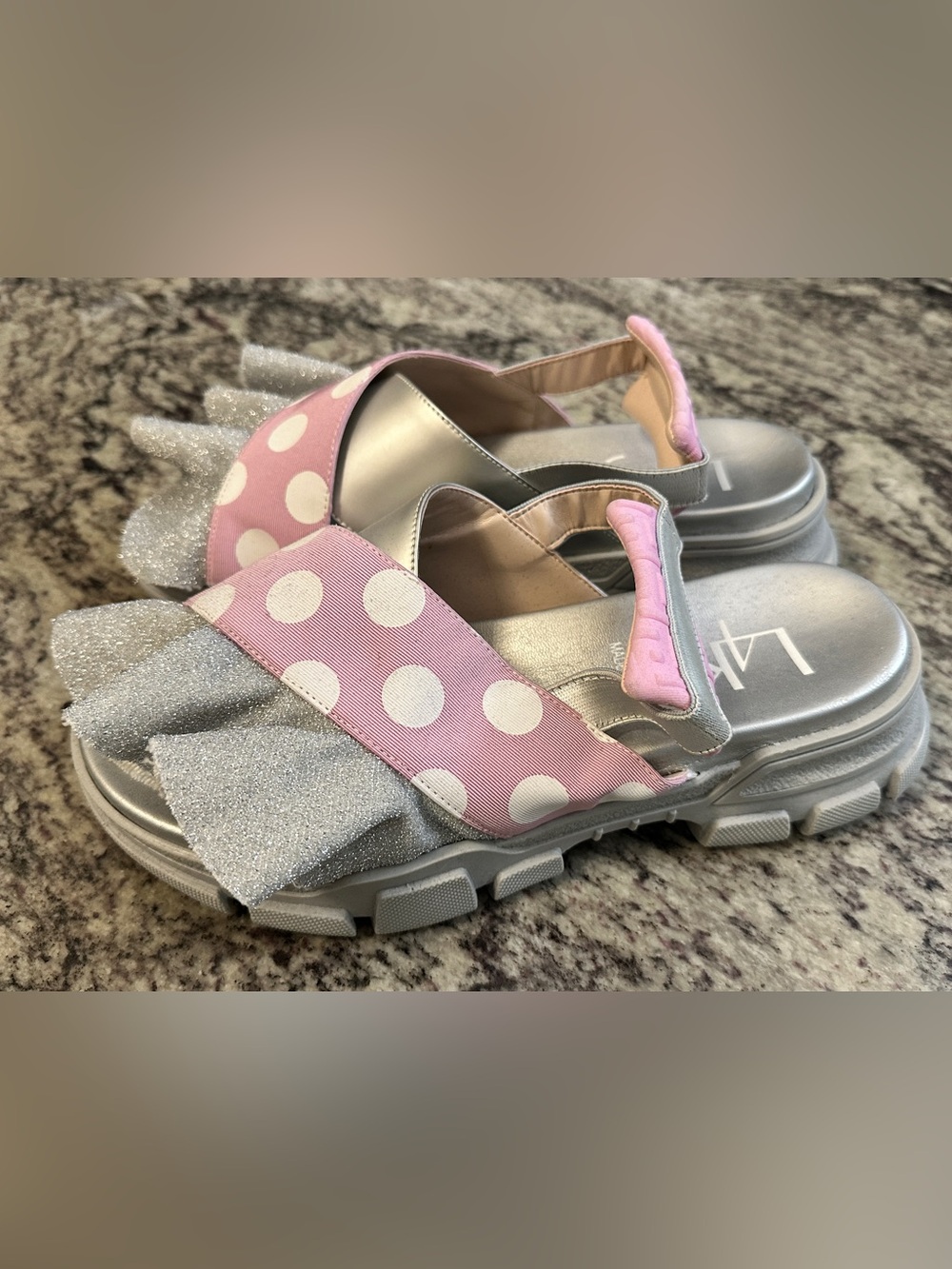 L4K3 Italy Pink Polka Dot Silver Glitter Platform Sandals Chunky Lug Sole Sz 39
